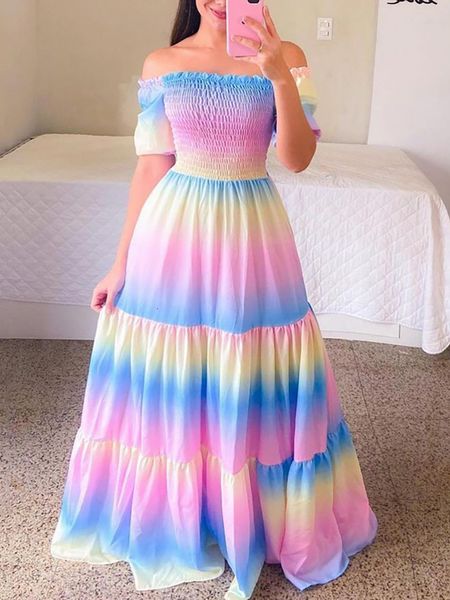 party dresses rainbow off shoulder dress floral print short sleeve ladies cute summer beach maxi 230508, White;black
party dresses rainbow off shoulder dress floral print short sleeve ladies cute summer beach maxi 230508, White;black