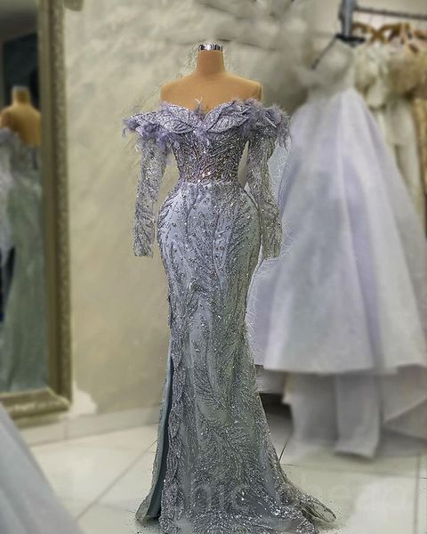 

Aso Ebi 2023 Arabic Silver Mermaid Prom Dress Crystals Feather Beaded Evening Formal Party Second Reception Birthday Engagement Gowns Dresses Robe de Soiree SH0149, Dark red