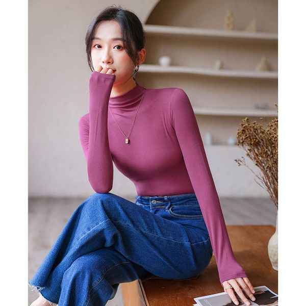 polos modal half high collar base coat for women in spring and autumn thin style fashionable westernized long sleeved tshirt, White 
polos modal half high collar base coat for women in spring and autumn thin style fashionable westernized long sleeved tshirt, White