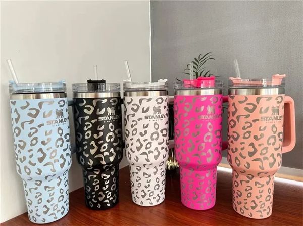 

new stanley quencher 40oz tumbler leopard print stainless steel with logo handle lid straw big capacity beer mug water bottle powd288x