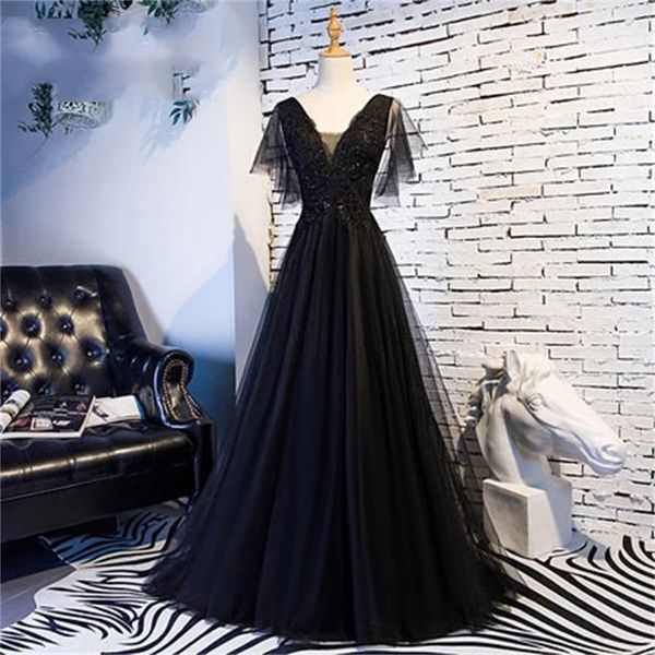 long sweety formal evening dresses black deep v-neck sequins appliques backless tulle a-line lace-up plus size prom party gowns 05, Black;red
long sweety formal evening dresses black deep v-neck sequins appliques backless tulle a-line lace-up plus size prom party gowns 05, Black;red
