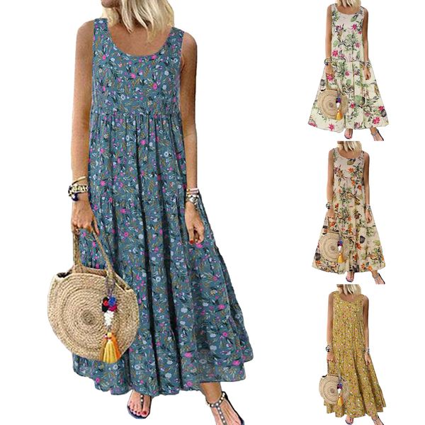 

casual dresses summer sleeveless sundress round neck floral women long loose ruffle large swing fashion bohemian maxi dress 230509, Black;gray