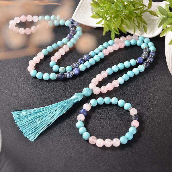 pendant necklaces 8mm blue turquoise rose quartz blue sodalite beaded mala necklace meditation yoga blessing rosary 108 japamala jewelry set, Silver
pendant necklaces 8mm blue turquoise rose quartz blue sodalite beaded mala necklace meditation yoga blessing rosary 108 japamala jewelry set, Silver