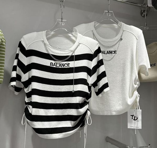 designer womens knits tees summer short sleeve thin balance stripes knitted sweater women's clothing, White
designer womens knits tees summer short sleeve thin balance stripes knitted sweater women's clothing, White
