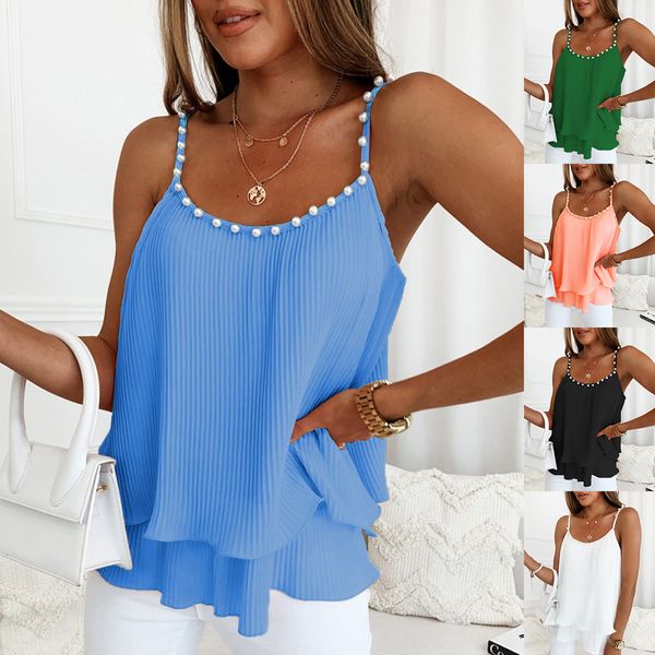 

camisoles tanks summer women chiffon camisole lady pearls pleated ruffle loose camis tank oubl8089 230508, Black;white