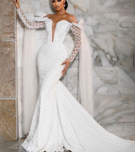 stylish mermaid wedding dresses long sleeves v neck beaded sequins appliques plus size 3d lace beads diamonds sparkly bridal gowns plus size, White
stylish mermaid wedding dresses long sleeves v neck beaded sequins appliques plus size 3d lace beads diamonds sparkly bridal gowns plus size, White