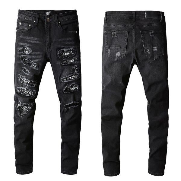 men's jeans european and american high street black high street jeans men's worn patch feet pants, Blue