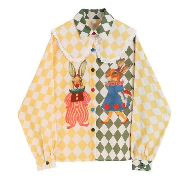 shirts spring women's blouse checkerboard printing chic design long sleeves casual fashion vintage doll collar button baggy shirts, White
shirts spring women's blouse checkerboard printing chic design long sleeves casual fashion vintage doll collar button baggy shirts, White