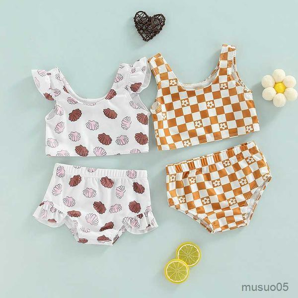 two-pieces girl swimsuit piece set kid baby print plaid pattern bathing suit fly sleeve matching shorts, Blue 
two-pieces girl swimsuit piece set kid baby print plaid pattern bathing suit fly sleeve matching shorts, Blue