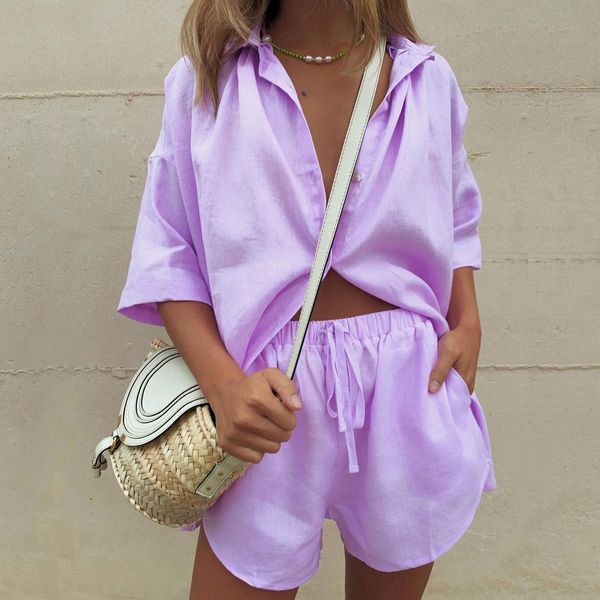 women's tracksuits casual summer tracksuit female two piece set solid color turn-down collar short sleeve shirt and loose mini shorts, Gray
women's tracksuits casual summer tracksuit female two piece set solid color turn-down collar short sleeve shirt and loose mini shorts, Gray
