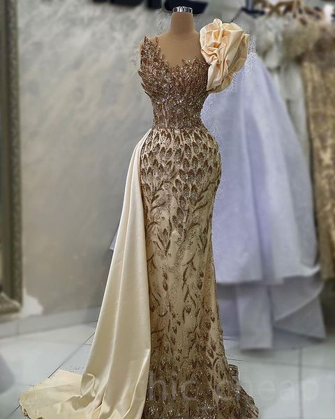 

Aso Ebi 2023 Arabic Mermaid Gold Prom Dress Sequined Lace Crystals Evening Formal Party Second Reception Birthday Engagement Gowns Dresses Robe de Soiree SH0152, Ivory