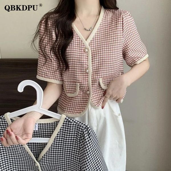 shirts elegant houndstooth v neck cropped shirts women korean fashion short sleeve pearl button blouse female casual loose cardigan top, White
shirts elegant houndstooth v neck cropped shirts women korean fashion short sleeve pearl button blouse female casual loose cardigan top, White