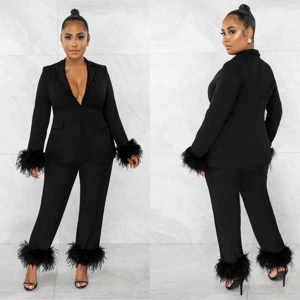 women's two piece pants fashion feather blazer set women solid color long sleeve coat straight suits female office commute suit 230314, White
women's two piece pants fashion feather blazer set women solid color long sleeve coat straight suits female office commute suit 230314, White