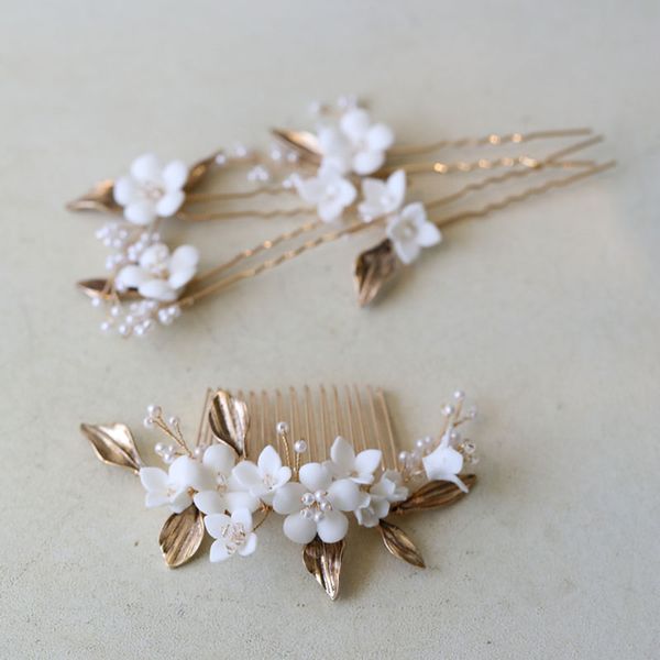 white flower bridal hair comb pins antique gold color leaf wedding headpieces handmade women jewelry hair accessories, Silver
white flower bridal hair comb pins antique gold color leaf wedding headpieces handmade women jewelry hair accessories, Silver
