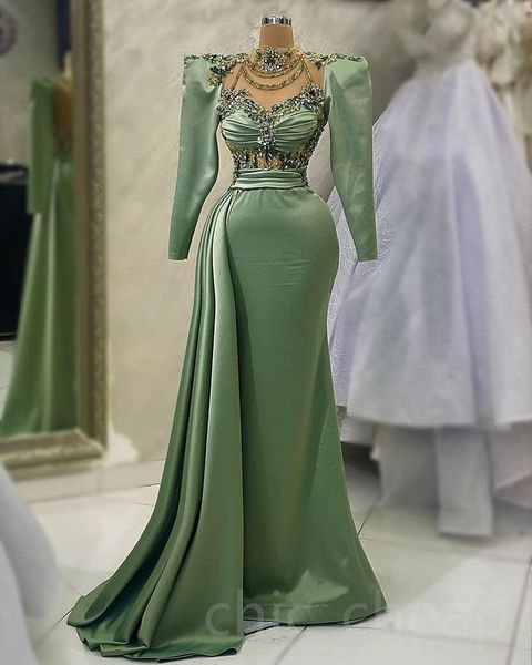 

Aso Ebi 2023 Arabic Beaded Crystals Prom Dress Sage Mermaid Sexy Evening Formal Party Second Reception Birthday Engagement Gowns Dresses Robe de Soiree SH0155, Same as image