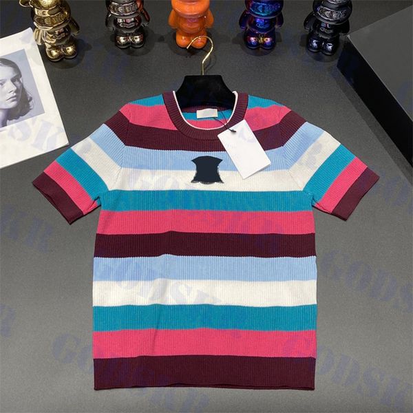 colorful striped t shirt womens knitted sequin logo sweater summer new short sleeve tees clothes, White
colorful striped t shirt womens knitted sequin logo sweater summer new short sleeve tees clothes, White