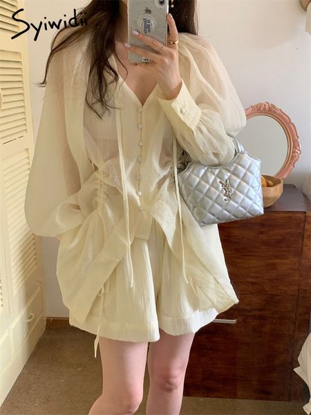 two piece dress syiwidii 2 sets outfits long sleeve v neck lace up single breasted oversized shirt high waisted wide leg shorts 230510, White 
two piece dress syiwidii 2 sets outfits long sleeve v neck lace up single breasted oversized shirt high waisted wide leg shorts 230510, White