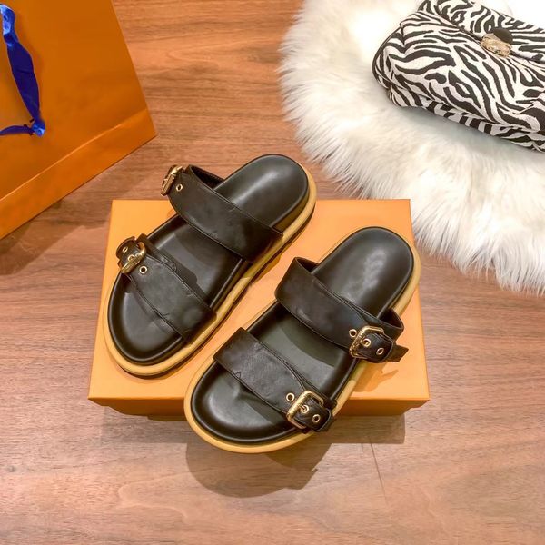 leather slippers womens sandals cool effortlessly stylish straps with adjusted gold buckles women summer 35-42, Black
leather slippers womens sandals cool effortlessly stylish straps with adjusted gold buckles women summer 35-42, Black
