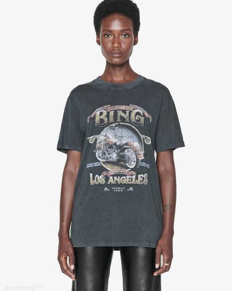 anine bing los angeles motorcycle t-shirt letter printing black gray cotton women short sleeve tee, White