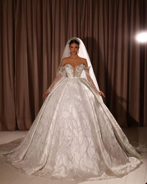 luxury ball gown wedding dresses long sleeves v neck off shoulder sequins applique 3d lace ruffles bridal gowns diamonds beads plus size cus, White
luxury ball gown wedding dresses long sleeves v neck off shoulder sequins applique 3d lace ruffles bridal gowns diamonds beads plus size cus, White