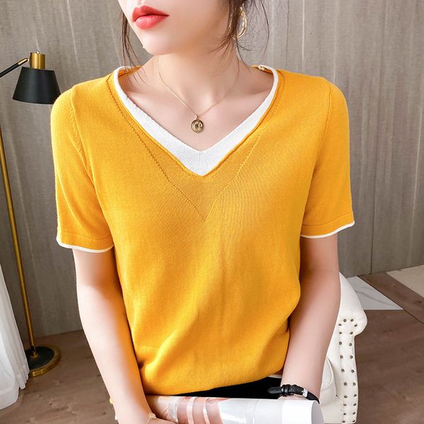 women's tshirt summer pure cotton shortsleeved women's vneck fake twopiece knitted sweater color matching loose tshirt half sleeve, White
women's tshirt summer pure cotton shortsleeved women's vneck fake twopiece knitted sweater color matching loose tshirt half sleeve, White