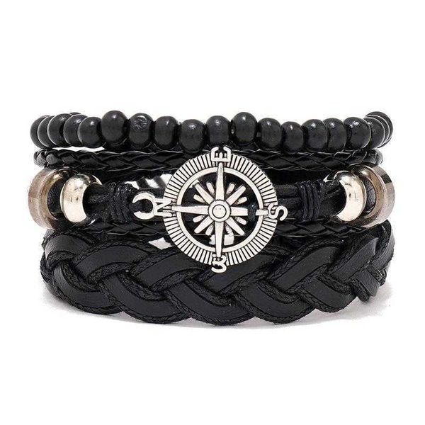 compass series all black mens leather bracelet direct supply woven suit carrying strap hand jewelry, Golden;silver