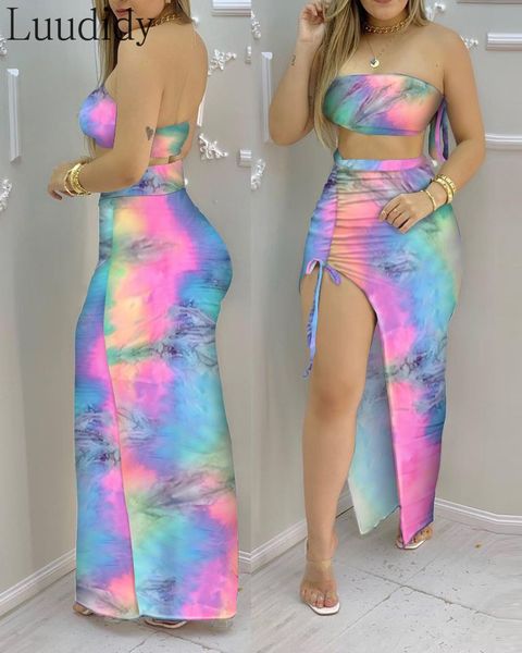 two piece dress women tie dye print bandeau crop drawstring high slit skirt sets 230509, White
two piece dress women tie dye print bandeau crop drawstring high slit skirt sets 230509, White
