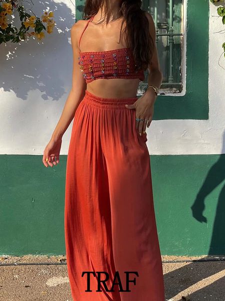 women's two piece pants traf 2023 women faux masonry trim tie sling wide leg set summer ladies loose trousers vintage female chic suits, White
women's two piece pants traf 2023 women faux masonry trim tie sling wide leg set summer ladies loose trousers vintage female chic suits, White