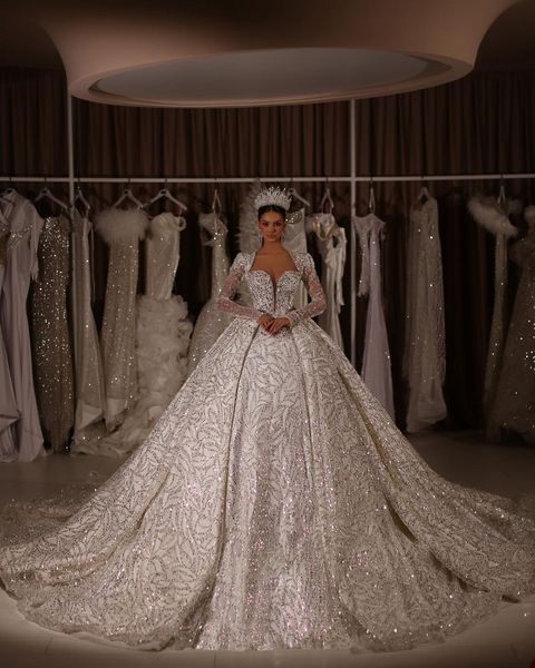 luxury ball gown wedding dresses long sleeves v neck sequins applique 3d lace ruffles bridal gowns pearls diamonds formal dress plus size cu, White
luxury ball gown wedding dresses long sleeves v neck sequins applique 3d lace ruffles bridal gowns pearls diamonds formal dress plus size cu, White