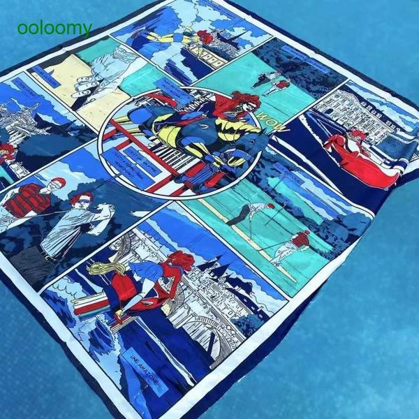 hemres designer scarves comic wow 90cm hand curled twill silk large square scarf small and luxury h home shawl versatile bra, Blue;gray