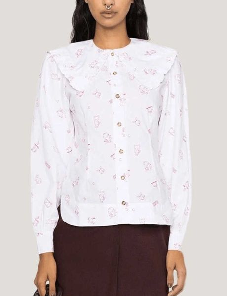 23ss gan women designer shirt new silk casual doll collar versatile casual loose fashion, White
23ss gan women designer shirt new silk casual doll collar versatile casual loose fashion, White