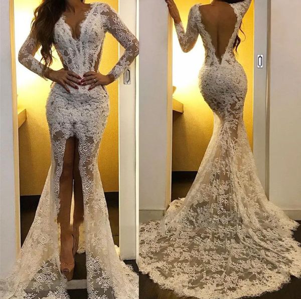 mermaid evening dresses deep v-neck prom party gown long sleeve floor-length sweep train applique lace long backless split illusion, Black
mermaid evening dresses deep v-neck prom party gown long sleeve floor-length sweep train applique lace long backless split illusion, Black