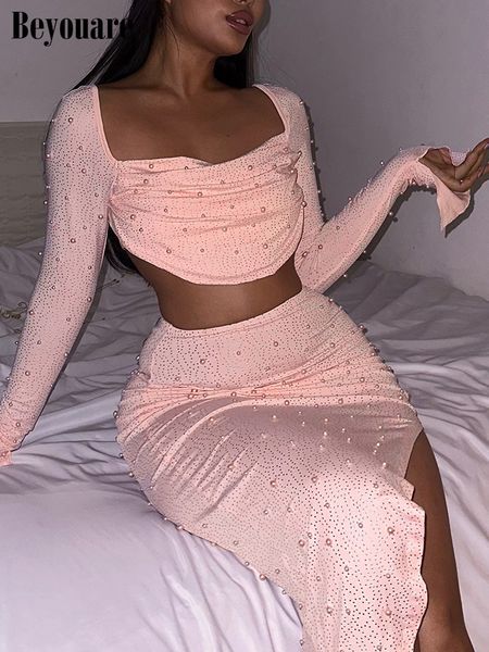 two piece dress beyouare autumn pearl diamonds suit women set folds poloneck cropped split long skirts outfits vacation party 230509, White
two piece dress beyouare autumn pearl diamonds suit women set folds poloneck cropped split long skirts outfits vacation party 230509, White
