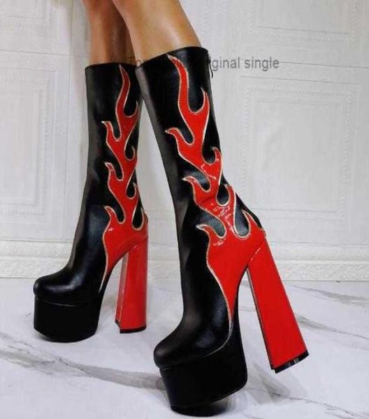 midcalf boots long boots red black leather flame platform thick sole woman round toe patchwork chunky heels punk halloween6669792
midcalf boots long boots red black leather flame platform thick sole woman round toe patchwork chunky heels punk halloween6669792