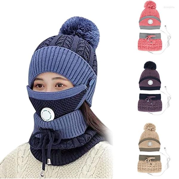 Image of Cycling Caps 1 Set Knitted Heated Cap Beanie Hat 3 Piece Winter Balaclava Hats Warm Thick Neck Gaiter Pink