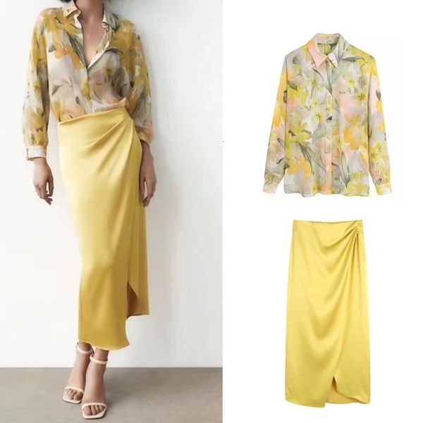 two piece dress women metallic thread print shirt silk satin textured pleated skirt casual loose blouse chic asymmetric side split hem 23050, White
two piece dress women metallic thread print shirt silk satin textured pleated skirt casual loose blouse chic asymmetric side split hem 23050, White