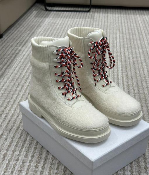 2023 women039s boots shoes black and white wool matching leather high short boots thick soled lace up casual7595916