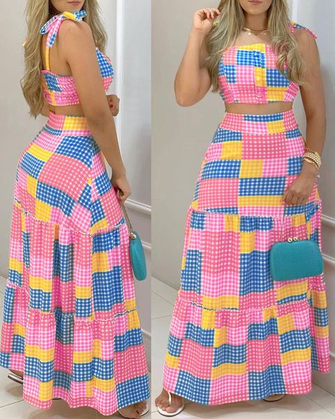 two piece dress womens plaid tie suit color matching thin shoulder strap casual high waist long skirt twopiece style 230509, White
two piece dress womens plaid tie suit color matching thin shoulder strap casual high waist long skirt twopiece style 230509, White