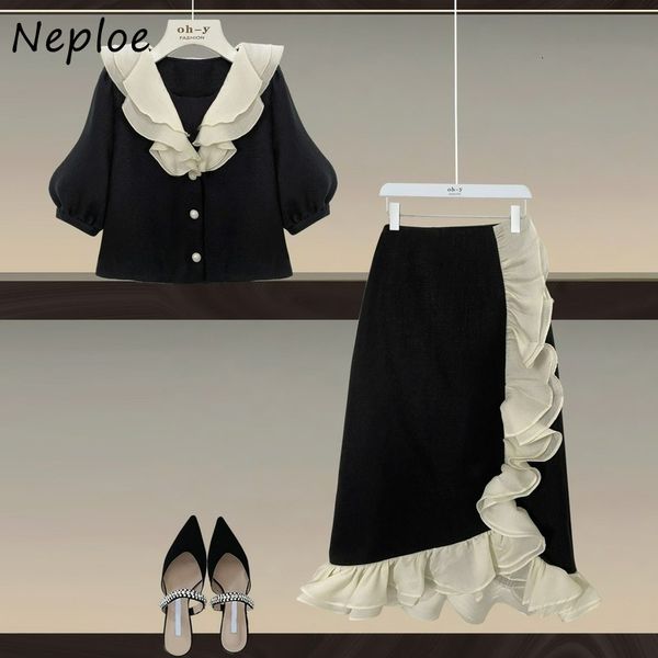 two piece dress neploe v neck contrast color singlebreasted high waist ruffles patchwork skirts suit korean office lady elegant 2pcs set 230, White
two piece dress neploe v neck contrast color singlebreasted high waist ruffles patchwork skirts suit korean office lady elegant 2pcs set 230, White