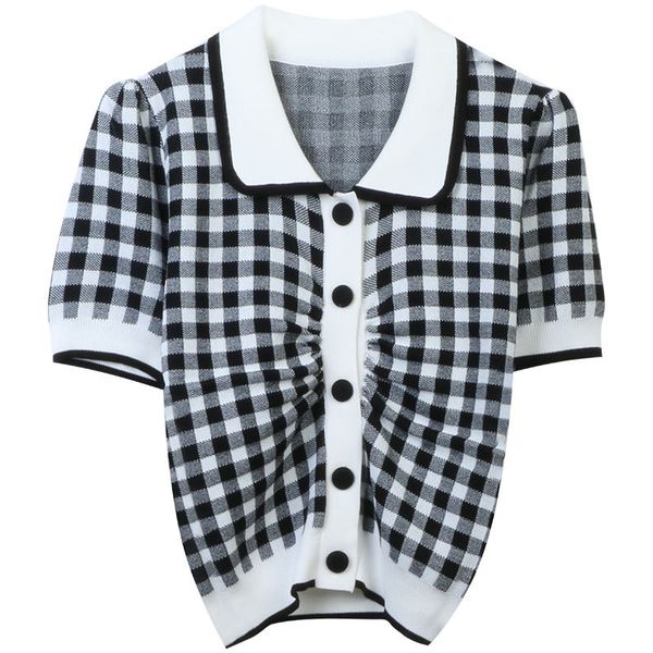420 2023 runway summer brand same style sweater short sleeve cardigan lapel neck blue red black striped fashion clothes womens minhgmo, White;black
420 2023 runway summer brand same style sweater short sleeve cardigan lapel neck blue red black striped fashion clothes womens minhgmo, White;black