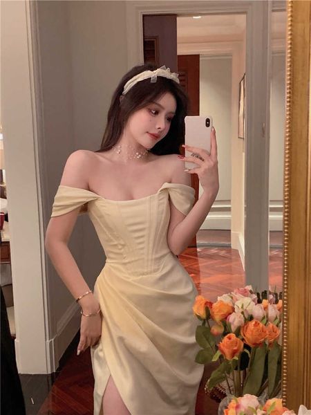 off the shoulder collarbone fish bone waistband slit dress for women's summer temperament and luxury small dress456, White;black
off the shoulder collarbone fish bone waistband slit dress for women's summer temperament and luxury small dress456, White;black