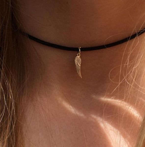 fashion boho choker simple angel wing necklace on black cord chokers8015055, Golden;silver 
fashion boho choker simple angel wing necklace on black cord chokers8015055, Golden;silver