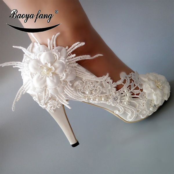 dress shoes baoyafang white lace flower shoes woman high heels pumps womens wedding shoes peep toe fashion shoes 230511, Black