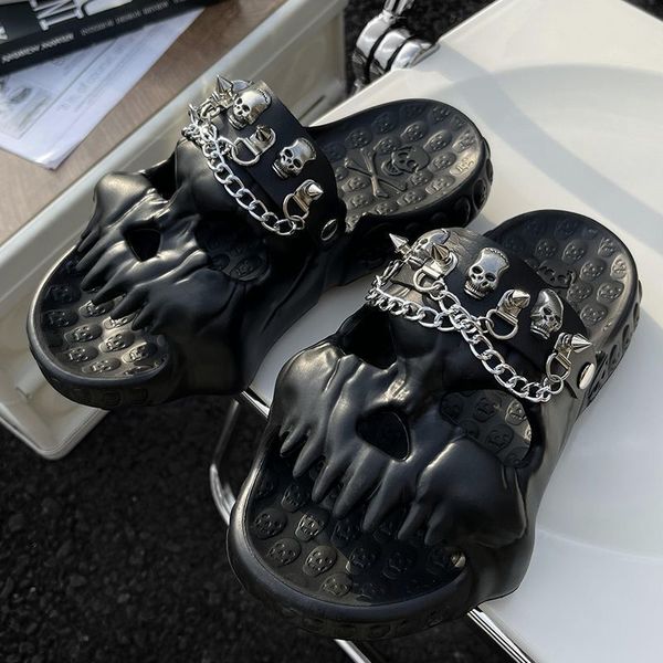 slippers men personalized studded chain decoration skull design shoes summer outdoor novelty slides thick sole male sandals 230510, Black
slippers men personalized studded chain decoration skull design shoes summer outdoor novelty slides thick sole male sandals 230510, Black