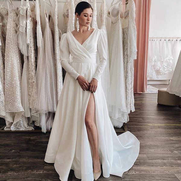 v neck split a line wedding dresses for bride open back long sleeve satin bridal gowns pleat sweep train robe de mariee, White
v neck split a line wedding dresses for bride open back long sleeve satin bridal gowns pleat sweep train robe de mariee, White