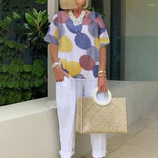 women's two piece pants ladies spring summer casual print 2 retro short sleeve o neck pullover and pocket solid trousers suit women, White
women's two piece pants ladies spring summer casual print 2 retro short sleeve o neck pullover and pocket solid trousers suit women, White