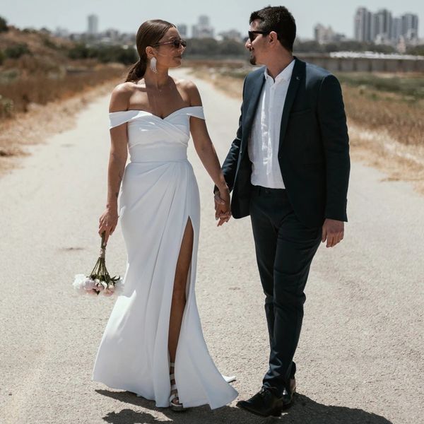 cap sleeve mermaid wedding dress off the shoulder side split bridal dresses draped chapel train outdoor vestido de noiva, White
cap sleeve mermaid wedding dress off the shoulder side split bridal dresses draped chapel train outdoor vestido de noiva, White