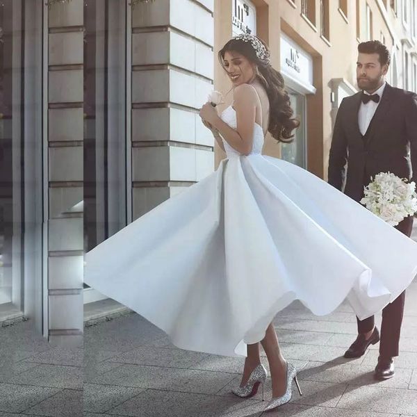simple appliques lace short wedding dresses spaghetti satin wedding dress ankle length plus size bridal gowns, White
simple appliques lace short wedding dresses spaghetti satin wedding dress ankle length plus size bridal gowns, White