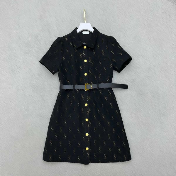 womens dress fashion brand tie-waist a-line dresses double-breasted button with matching belt summer designer women clothing casual dress 2, Black;gray