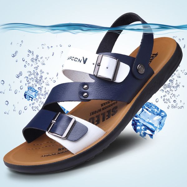 

PU Summer Men Leather Sandals Male Beach Shoes Casual Mixed Color Breathable Mans Footwear Antiskid Fashion, Brown